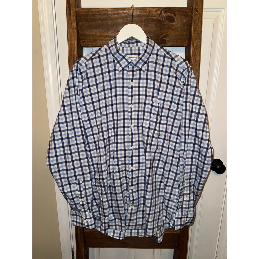 Peter Millar Mens XL Button Down Shirt Blue White Check Plaid Long Sleeve Casual